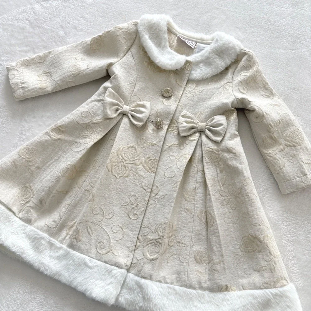 Blueberi Boulevard 24M Ivory Brocade Coat Faux Fur Trim Holiday Dress‎